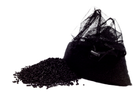 Activated charcoal in a mesh bag for koi pond use